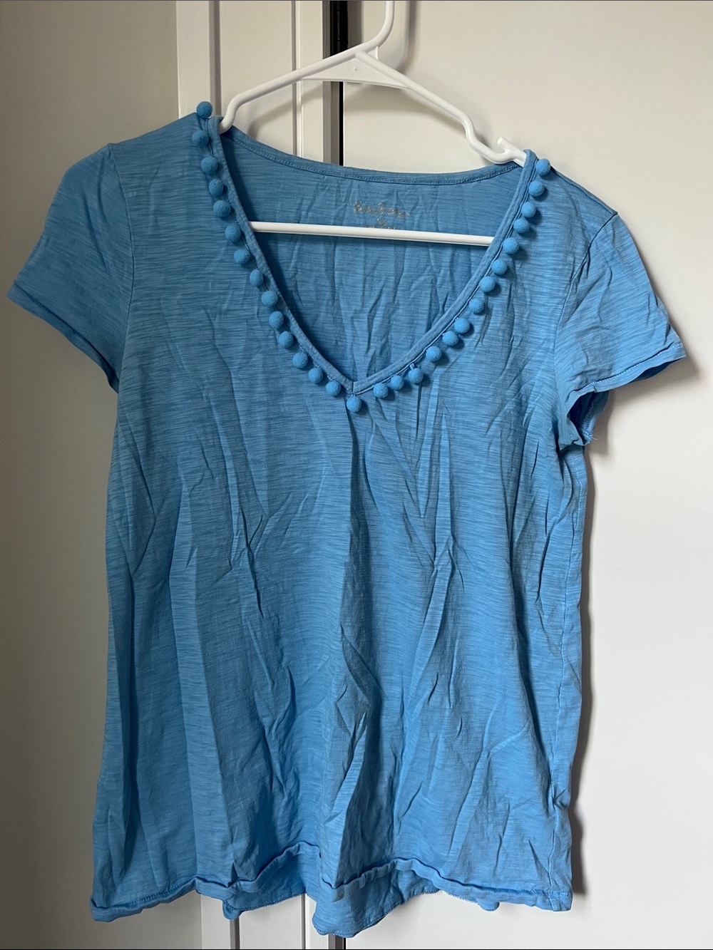 Lilly Pulitzer Sky Blue V-Neck Tee with Pom Trim